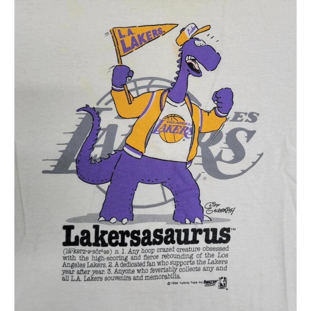 80S Los Angeles Lakers T-Shirt Cliff Galbrath Lakersasaurus Nba Ss Rare Vtg